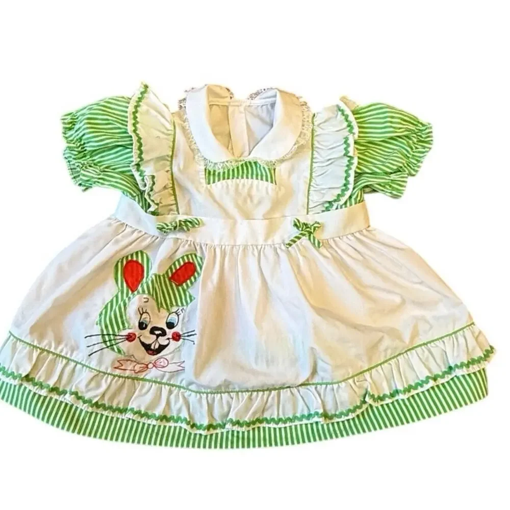 Vintage 50s  Bunny Mouse Cartoon Dress striped Puff Sleeve Peter Pan Collar 12M